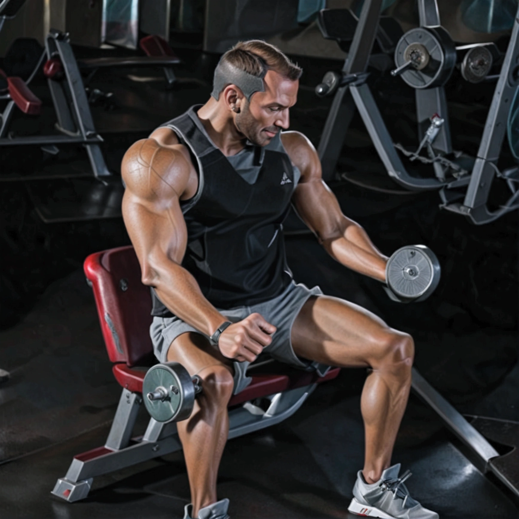 High Detail RAW Color Photo Professional Photo. A tall, muscular man with a shaved head and pale skin is seated in a gym, performing a concentrated bicep curl with a heavy dumbbell. He is wearing a camo tank top designed for bodybuilders, showcasing his massive, defined arms and chest. His shorts are a light green color, highlighting his strong legs as they rest firmly on the ground. The gym environment around him is dimly lit, focusing the light on his intense expression and the strain in his muscles as he lifts the weight. The background features gym equipment, adding to the authentic atmosphere. The lighting emphasizes the definition and veins on his arms, capturing the intensity and power of his workout., UHD, retina, masterpiece, accurate, anatomically correct, anatomically correct, textured skin, super detail, high details, high quality, award winning, best quality, highres, 4K