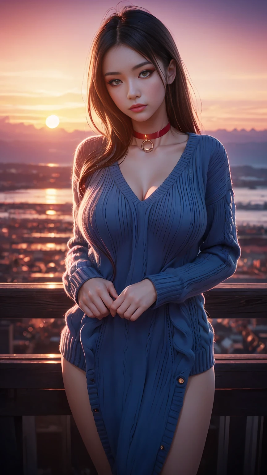 1 young sexy girl, very slim, perfect body, rouge, red neck choker, cateyes makeup, colorful, oversize knit jumper, softcore, warm lighting, cosy atmosphere, Instagram style, blue theme, full body shot,(cinematic, black and pink:0.85), (sunset beautiful background:1.3), sharp, dim colors, big breast, perfect round breast 