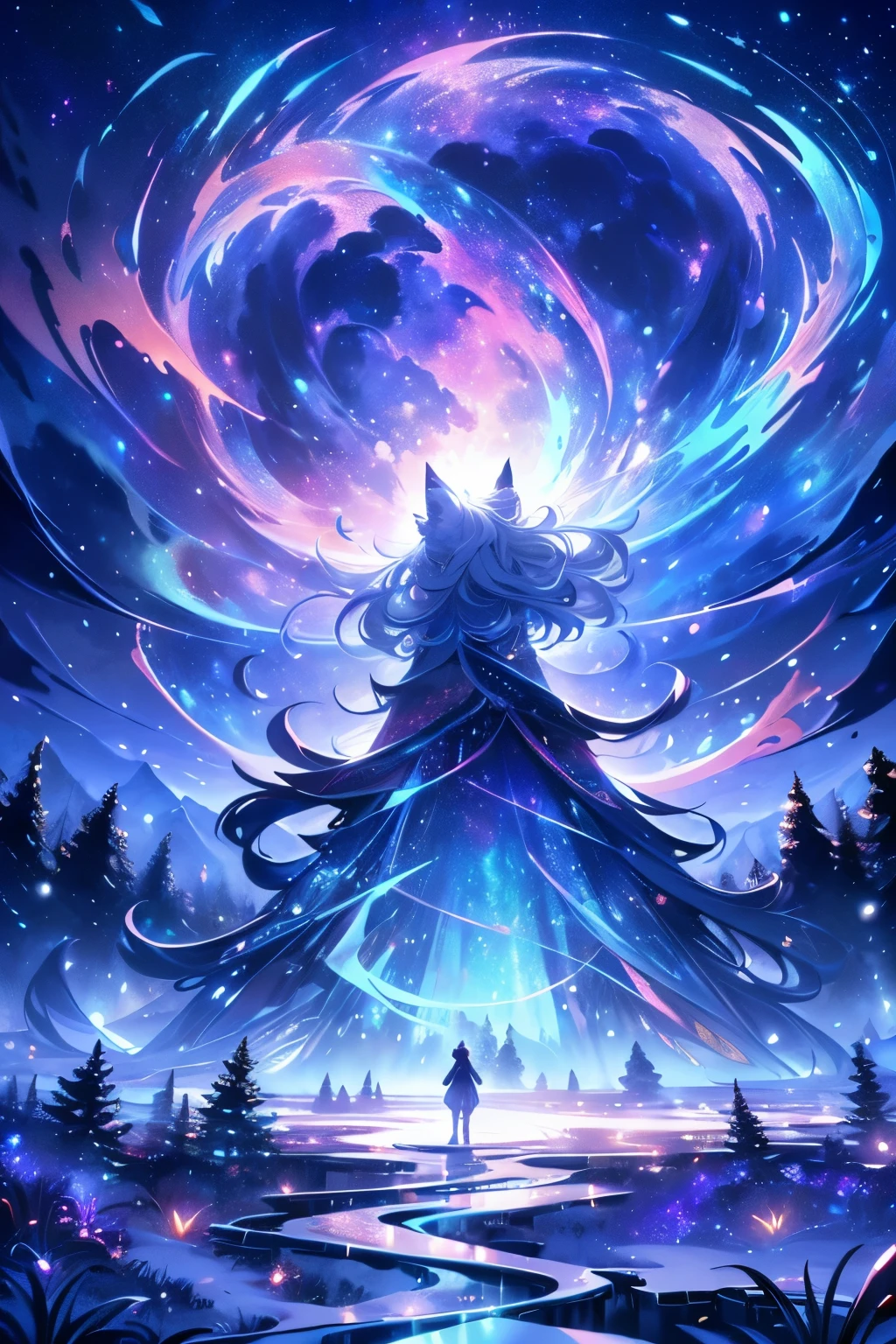 expansive landscape photography (a view from below showing the sky above and an open forest below), woman standing on a paved path looking at the landscape, wolf woman, full fur, white fur (particle of light around the wolf woman), full tail, white hair (long and bushy), heated outfit (made of high quality fur and embroidery), night setting, (full moon: 1.2), (shooting stars: 0.9 ), (nebula: 1.3), (warm light source: 1.2), (Firefly: 1.2), (snowflake: 1.0), (snow on tree) (masterpiece: 1.2), (best quality) , 4k, ultra detailed, (dynamic composition: 1.4), very detailed and colorful details, (iridescent colors: 1.2), (vivid lighting, ambient lighting), dreamy, magical, (alone: ​​1.2)