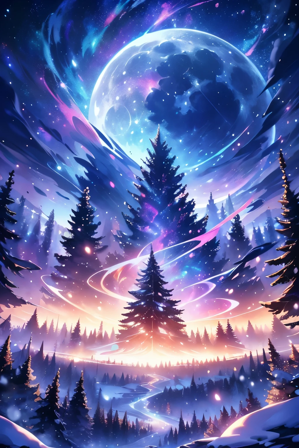 expansive landscape photography (a view from below showing the sky above and an open forest below), woman standing on a paved path looking at the landscape, wolf woman, full fur, white fur (particle of light around the wolf woman), full tail, white hair (long and bushy), heated outfit (made of high quality fur and embroidery), night setting, (full moon: 1.2), (shooting stars: 0.9 ), (nebula: 1.3), (warm light source: 1.2), (Firefly: 1.2), (snowflake: 1.0), (snow on tree) (masterpiece: 1.2), (best quality) , 4k, ultra detailed, (dynamic composition: 1.4), very detailed and colorful details, (iridescent colors: 1.2), (vivid lighting, ambient lighting), dreamy, magical, (alone: ​​1.2)