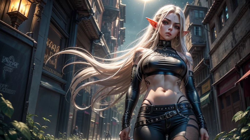 melhor qualidade,Obra de arte,ultra high resolution,(Realisticidade:1.4),foto original,cinematic lighting, elf girl, long platinum hair, light dark garden, Sozinho, Metalhead style girl at night under the moonlight, wearing ripped black pants, Roupas pretas, ajuste Corpo quente, estilo heavy metal, fotografia, concerto de heavy metal. realista, datailed, rosto detalhado, 4k.