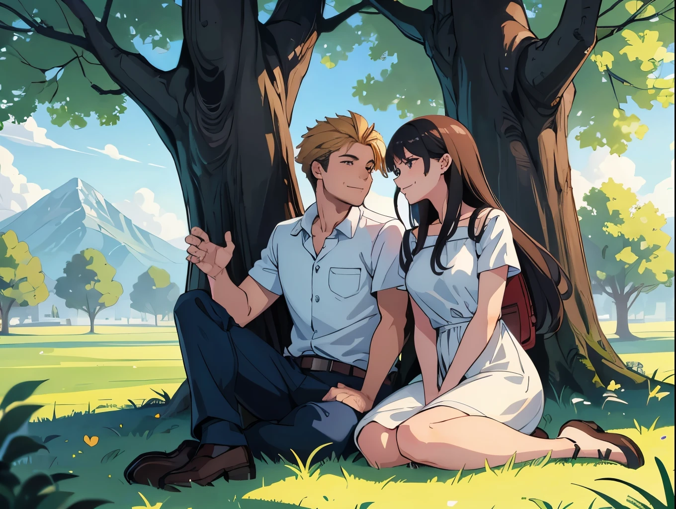 Romantic scene of a man and woman sitting beside a tree, in grass, smiling, looking at eachother, enjoying a conversation. Quality faces, against the tree,