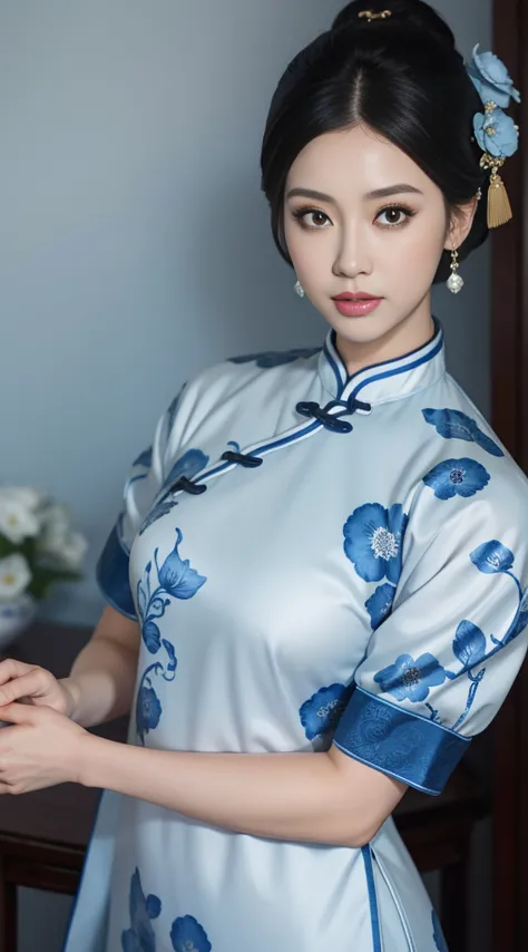 blue and white porcelain style，china cheongsam，the cheongsam is decorated with a blue and white pattern，ancient china art style，...