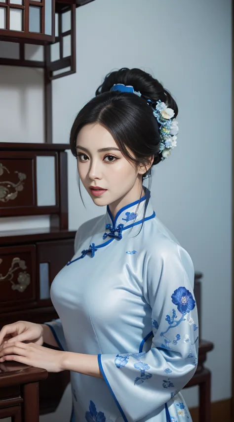 blue and white porcelain style，china cheongsam，the cheongsam is decorated with a blue and white pattern，ancient china art style，...