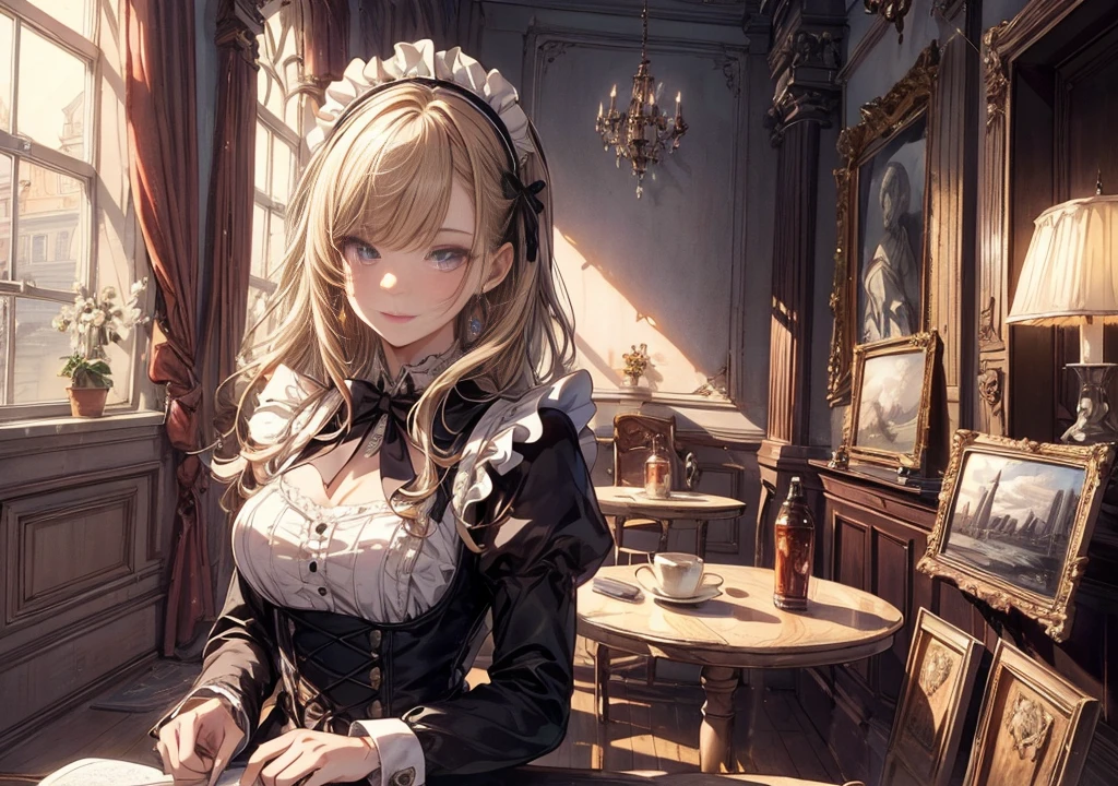 (masterpiece,top quality,high resolution,ultra detailed,ultra high definition,precise,high detail,very detailed,ultra fine illustration,HD,8K,16k:1.5),(a demonic maid with elegant victorian style maid outfit, working as a maid, bend down and clean:1.2), (detailed face,very detailed background,black rabbit ears, long flowing blonde hair:1,3), Maid wearing rabbit ears,extremely detailed sparkling purple eyes with long eyelashes, highlight on eyes ,captivating smile, floral themed jewelry, antique victorian style interior, High quality shadows cast on your face and surroundings,table,chair,window,bookself,lamp,natural lighting, wide angle,from below, looking away,