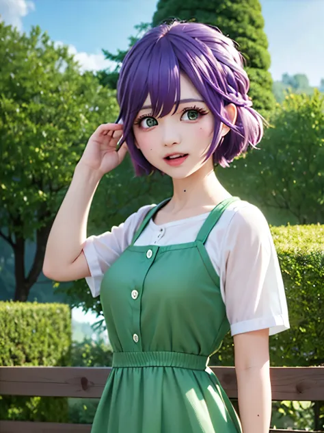 1 baby girl,,cute,hiro_segawa, purple hair, green eyes, short hair, bangs, hair between eyes, braid, upper body,short green dres...