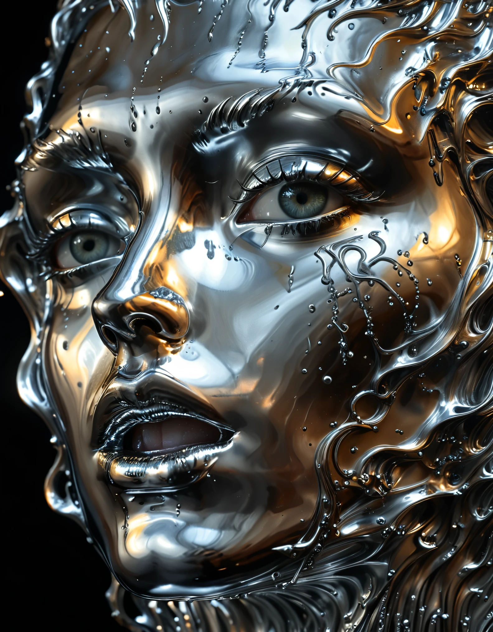 (best quality,4k,8k,highres,masterpiece:1.2),ultra-detailed,(realistic,photorealistic,photo-realistic:1.37),liquid metal face,beautiful detailed eyes,beautiful detailed lips,extremely detailed face,molten liquid metal,chrome,liquid metal sculpture,metallic,shiny,reflective,glowing,surreal,dramatic lighting,cinematic,digital art