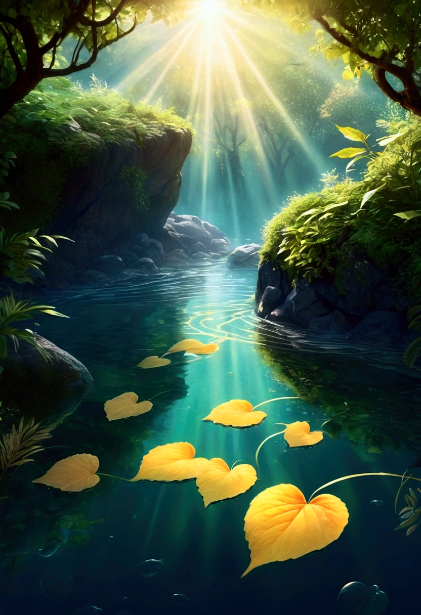 realistic animation, mysterious atmosphere, (best quality, high resolution:1.2), very detailed, realistic, sight, The Enchanted Forest, Beautiful reflection, peaceful atmosphere, soft sunlight, calm valley, Lush green vegetation, A tranquil and peaceful scene, Subtle color palette, Calm atmosphere, breeze, birdsong heard from afar, vivid colors, The freshness of dawn after the rain, magnificent and beautiful, golden sky, underwater rocks, Transparent clear water quality, light reflection on water, ripples on the water, A pattern that makes waves, sublime tranquility, balance, Leisurely and elegant composition, soft lighting, Warm sunlight with golden particles filtering through the leaves.,