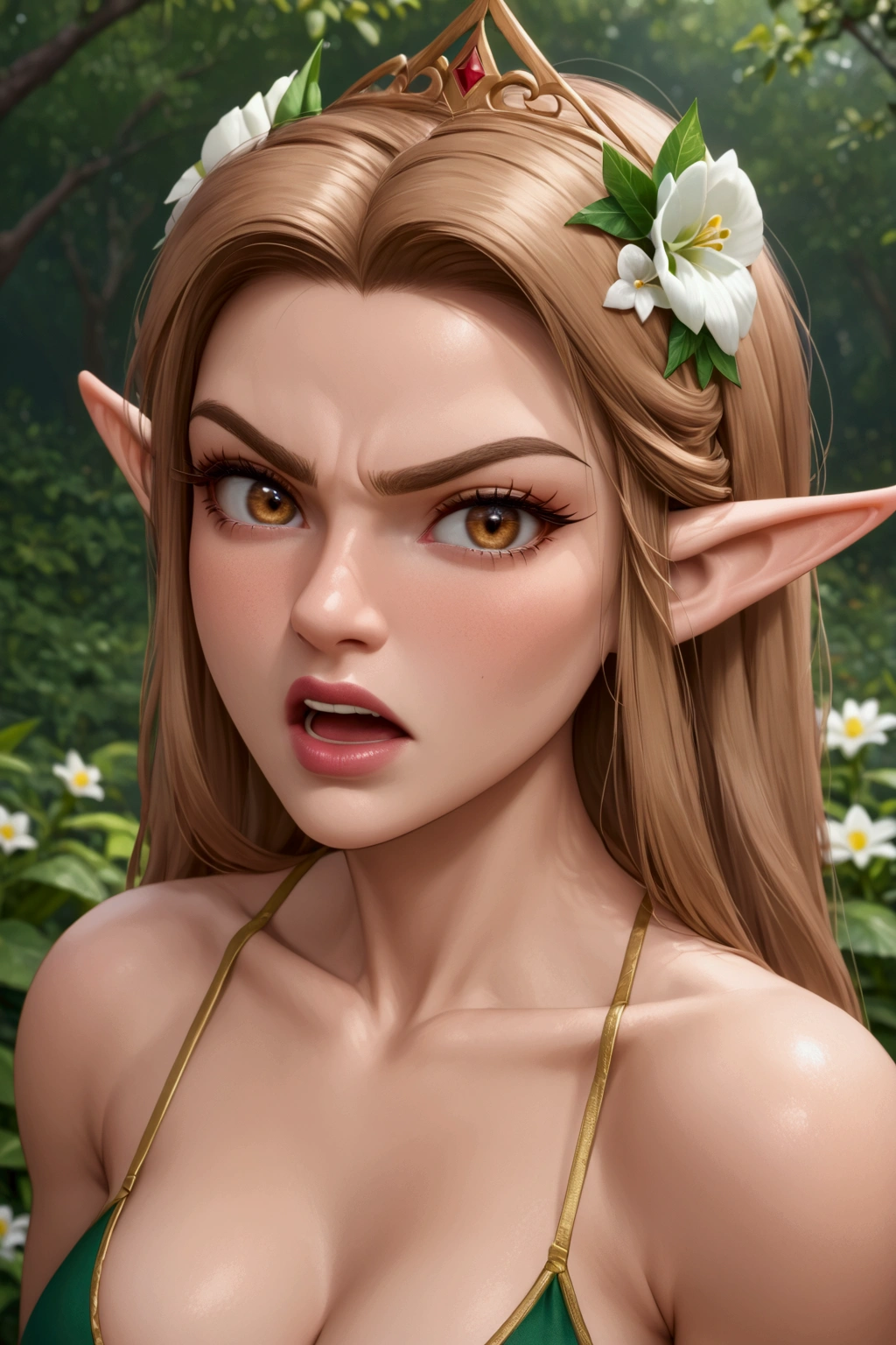 ((ultra quality)), ((work of art)), latin woman small eyes((medium green hair, big white flower on the head)), (angry face open mouth screaming), (lindos lábios carKaledos femininos), (long elf ears), enchanting, ((Angry Sexy Facial Expression)), looks at viewer, eyes slightly open, long eyelashes and thick eyebrows, (white skin color), (Caucasian skin), body shine, ((beautiful detailed female brown oval eyes)), ((light brown eyes)), (lábios femininos carKaledos), (dark eyeliner mascara), (beautiful female hands), ((ideal female figure)), ideal female body, beautiful waist, beautiful thick thighs, beautiful medium breasts, ((subtle and beautiful)), sexy worth (), (Kale) fund: the forest, ((Depth of field)), ((high qualiy, clear image)), (sharp details), ((High level of detail)), realisitic, professional photo session, ((Clear the focus)), アニメ, wearing a flowery thong, brown nipples, defined abdomen, full body, fully body