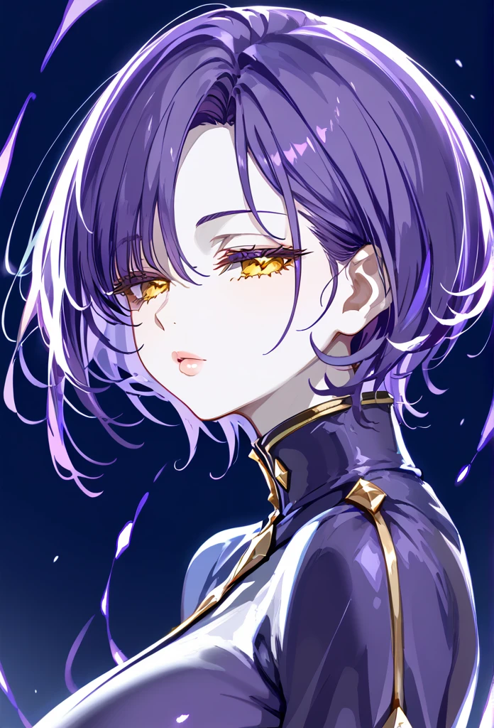 masterpiece, score_9, score_8_Excellent, score_7_Excellent, Rear View, 1 female, alone, Dark purple hair, Very short hair, Long parted bangs, Purple and yellow eyes, Half-closed eyes, Lips parted, Expressionless, Pale skin, Large Breasts, Excellent bust, Long open bangs, the presence of moles under the mouth,,, Cut Style (), No bangs.、Center part hair、Eyes sparkling、Eye aura、Shining Eyes、Black light、Dynamic Pose、Leg spread、((whole body))