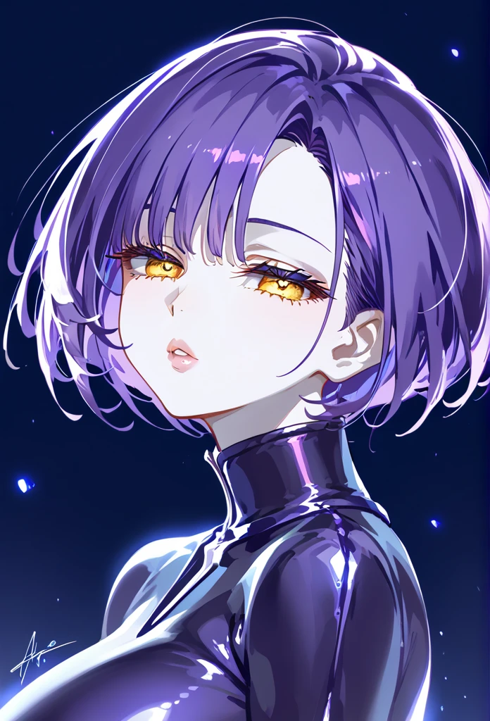 masterpiece, score_9, score_8_Excellent, score_7_Excellent, Rear View, 1 female, alone, Dark purple hair, Very short hair, Long parted bangs, Purple and yellow eyes, Half-closed eyes, Lips parted, Expressionless, Pale skin, Large Breasts, Excellent bust, Long open bangs, the presence of moles under the mouth,,, Cut Style (), No bangs.、Center part hair、Eyes sparkling、Eye aura、Shining Eyes、Black light、Dynamic Pose、Leg spread、((whole body))