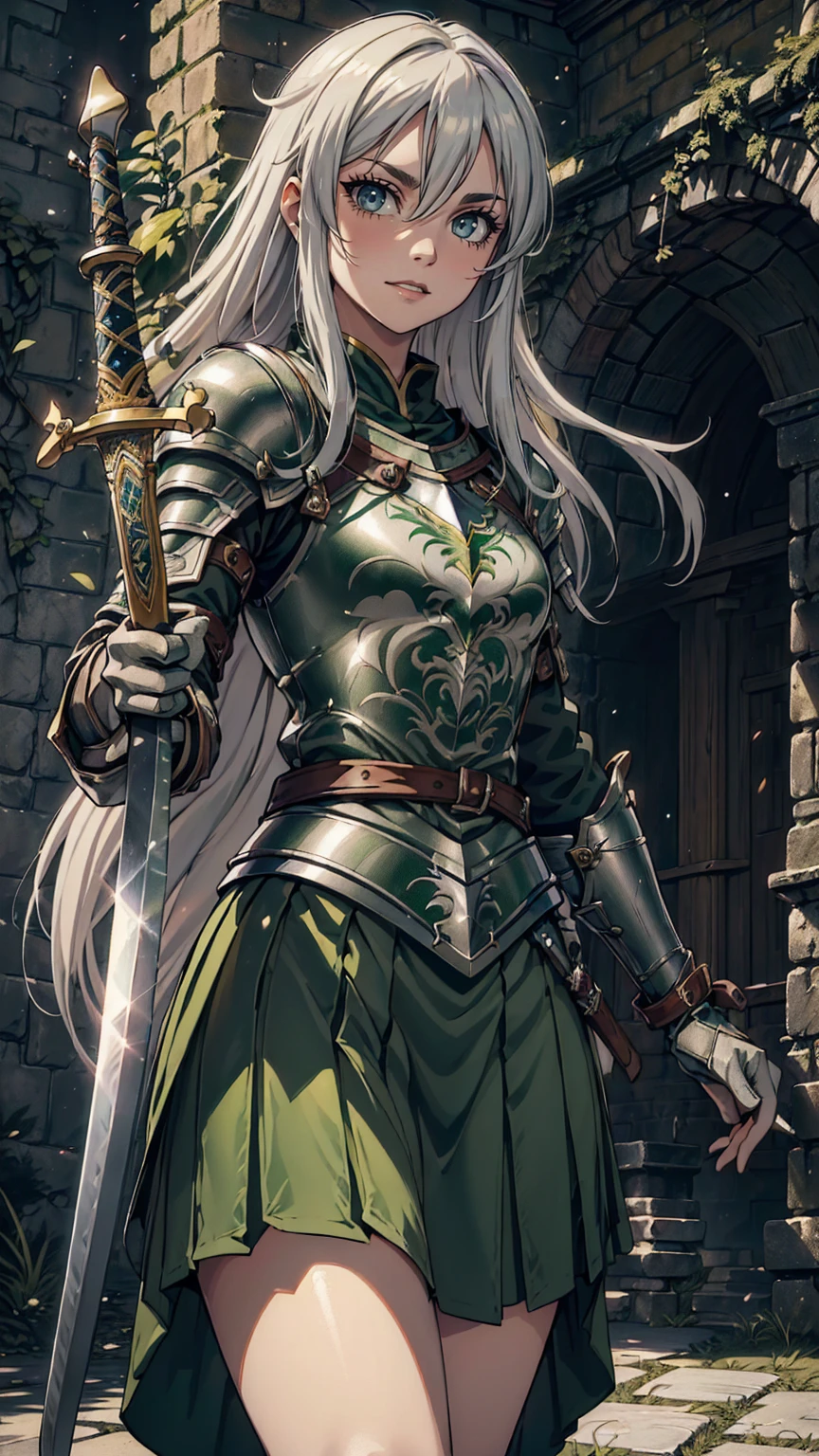 最high quality、Ultra High Definition, Ultra High Quality, Hyper Detailed, Extremely Detailed, Best image quality、masterpiece、anime woman((20-year-old、swordsman, super dynamic pose , Dancing, Green solid eyes, Silver long Hair 、Disheveled Hair 、Long White Hair, Glove、Green Skirt,  Knight, She is smiling like a villain, cheerful expression, charismatic, Detailed Nature sword , Wearing Beautiful Sword In the sheath, ))Beautiful art、background((Inside the castle))、Written boundary depth、anime style,Visual Art, 8K,Genuine