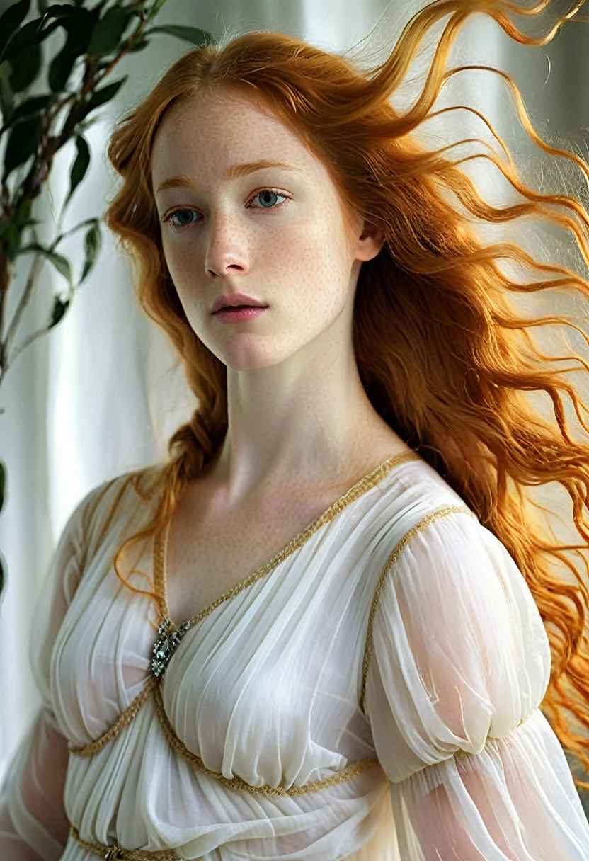 A delicate tableau: a lone girl, her long ginger locks flowing like a river of silk, wears a pristine white dress that seems to shimmer with an ethereal glow. The fabric appears almost translucent, like gossamer, as if the very essence of light has been woven into its fibers. She stands solo against a soft focus backdrop, her gaze cast downward, lost in thought, surrounded by an aura of innocence and vulnerability.