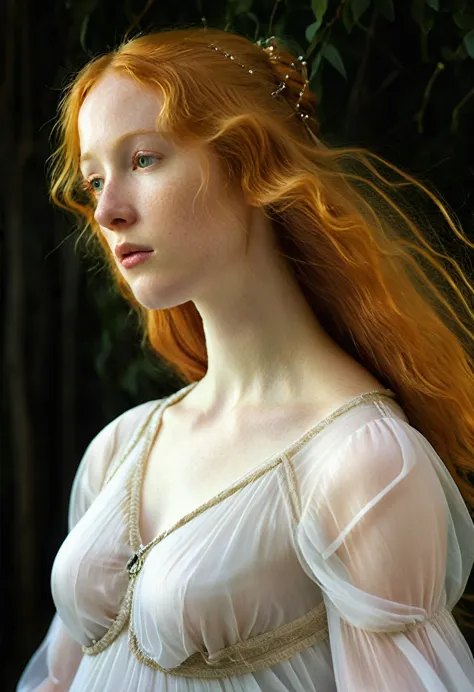 a delicate tableau: a lone girl, her long ginger locks flowing like a river of silk, wears a pristine white dress that seems to ...