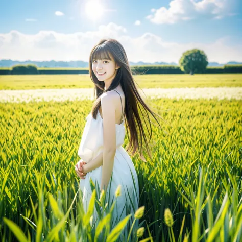 masterpiece, best quality, ultra-high resolution, detailed illustration, portrait, detailed, 1 girl standing in a wheat field, s...