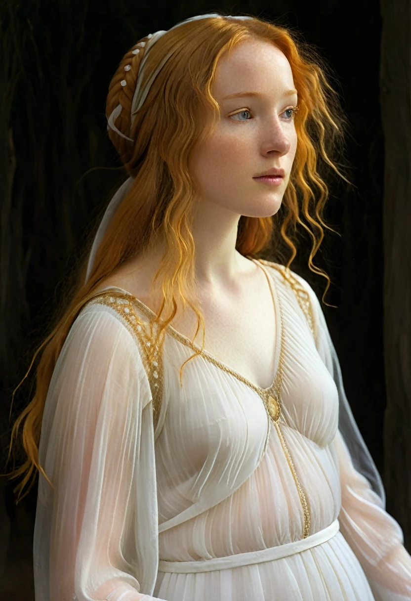 A delicate tableau: a lone girl, her long ginger locks flowing like a river of silk, wears a pristine white dress that seems to shimmer with an ethereal glow. The fabric appears almost translucent, like gossamer, as if the very essence of light has been woven into its fibers, showing her delicate nipples. She stands solo against a soft focus backdrop, her gaze cast downward, lost in thought, surrounded by an aura of innocence and vulnerability.