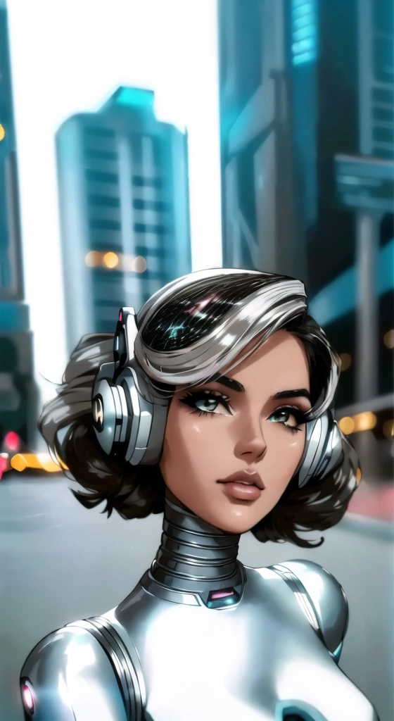 There is a woman in a silver suit with headphones., futuristic look, futuristic style, cyborg model, futuristic hairstyle, barbie cyborg, cyborg - girl, cyber style, elegant futuristic woman, cyborg - girl with silver hair, cyborg girl, portrait of a futuristic woman, very futuristic, cyborg fashion photo, retro futuristic style, futuristic art style, futuristic aesthetic