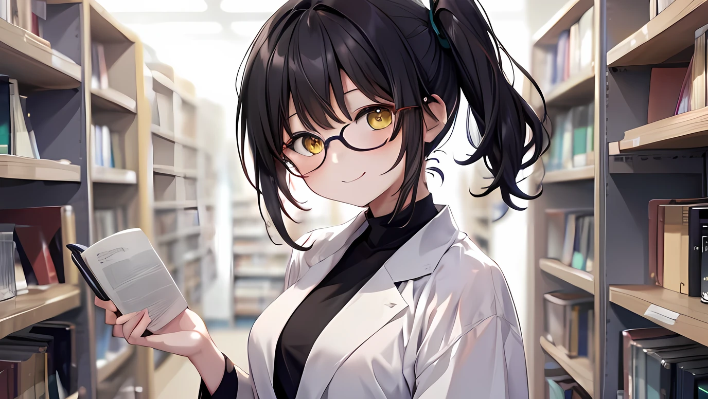 A woman, yellow eyes, Red-rimmed round glasses, Black Shirt、Long white coat, smiling, Hold a book in your right hand、library, black hair, asymmetrical bangs, side ponytail, anime, UHD