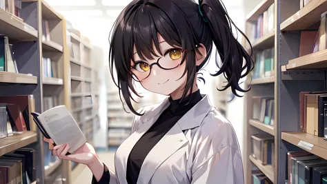 a woman, yellow eyes, red-rimmed round glasses, black shirt、long white coat, smiling, hold a book in your right hand、library, bl...