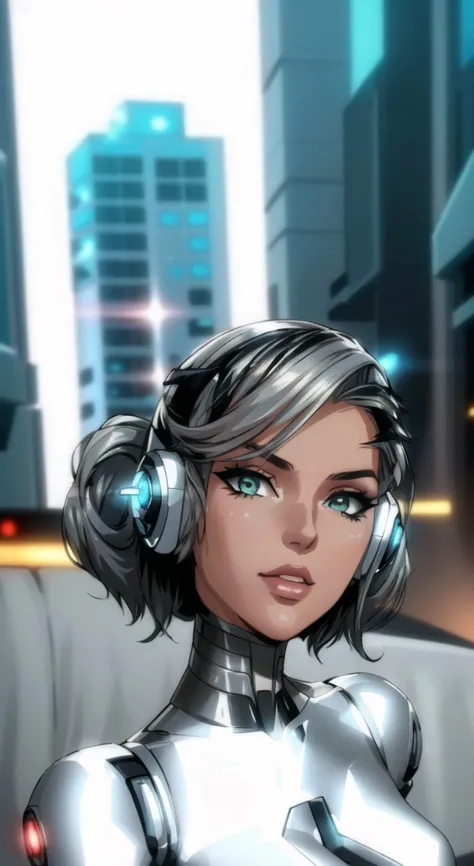 there is a woman in a silver suit with headphones., futuristic look, futuristic style, cyborg model, futuristic hairstyle, barbi...