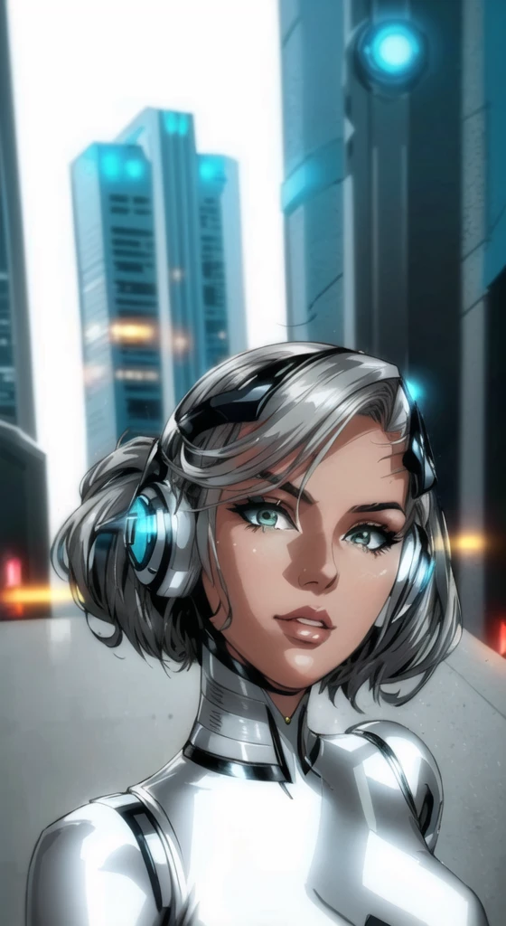 There is a woman in a silver suit with headphones., futuristic look, futuristic style, cyborg model, futuristic hairstyle, barbie cyborg, cyborg - girl, cyber style, elegant futuristic woman, cyborg - girl with silver hair, cyborg girl, portrait of a futuristic woman, very futuristic, cyborg fashion photo, retro futuristic style, futuristic art style, futuristic aesthetic