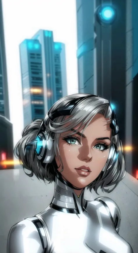 there is a woman in a silver suit with headphones., futuristic look, futuristic style, cyborg model, futuristic hairstyle, barbi...