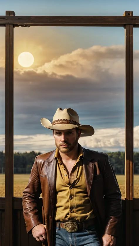 a sexy cowboy,in a horse barn, wearing cowboy hat and costume, looking at the camera seductively, bookeh, yellow sun, beautiful ...