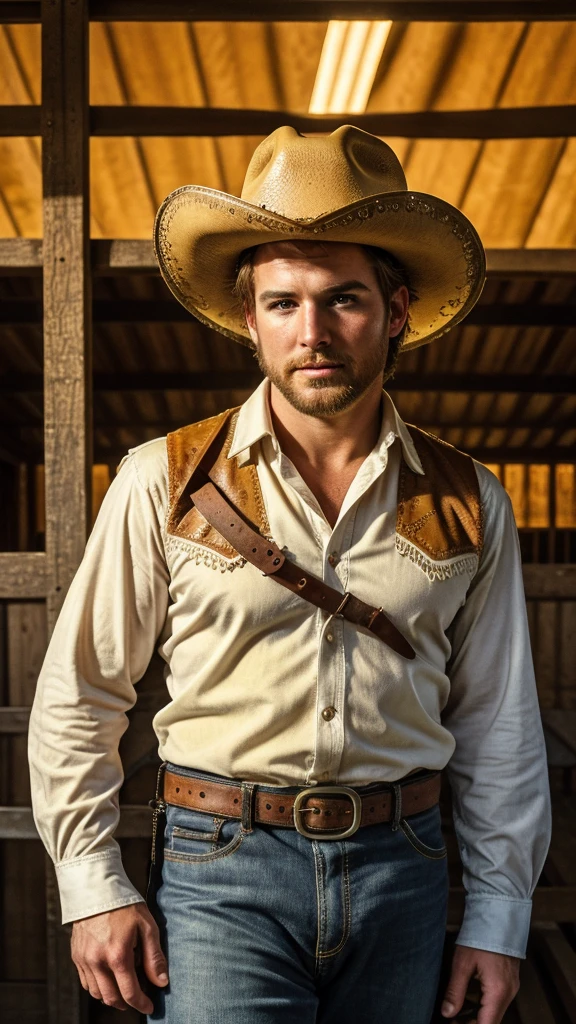 A sexy cowboy,in a horse barn, wearing cowboy hat and costume, looking at the camera seductively, bookeh, yellow sun, beautiful colourful clouds, rowdy, leather, detailed features, masterpiece, posing, cinematic, looks like a still shot from a western Film , (detailed handsome face), best quality photo, 16 k resolution, realistic photo 