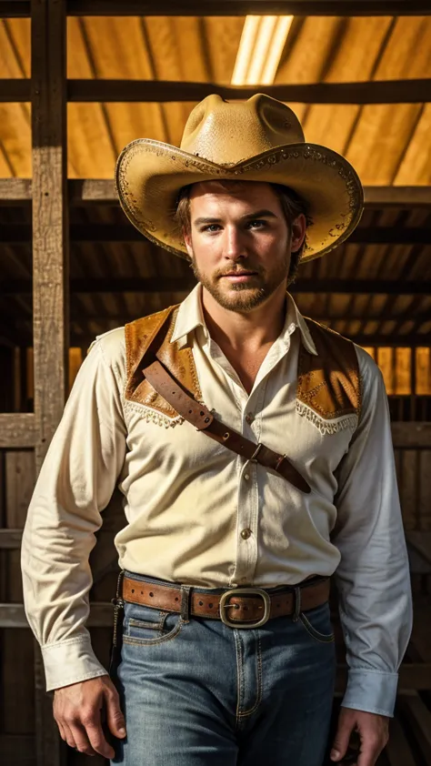 a sexy cowboy,in a horse barn, wearing cowboy hat and costume, looking at the camera seductively, bookeh, yellow sun, beautiful ...