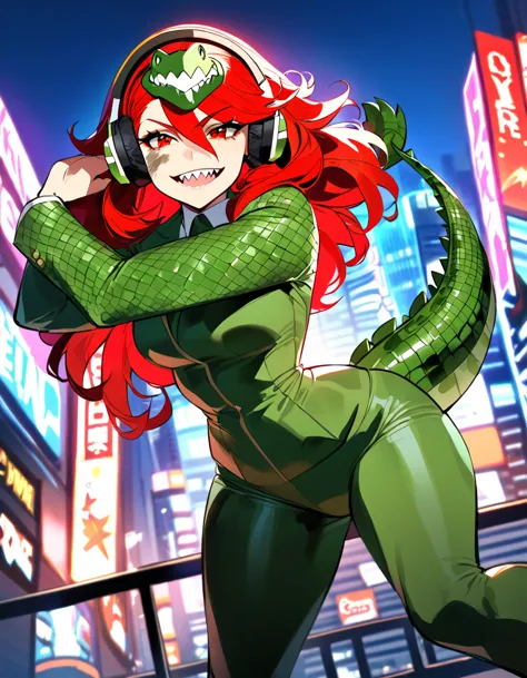 one, superhero, beautiful girl, girl in dark green suit, green combat boots, sharp teeth, confident smile, red eyes, dirty hair,...