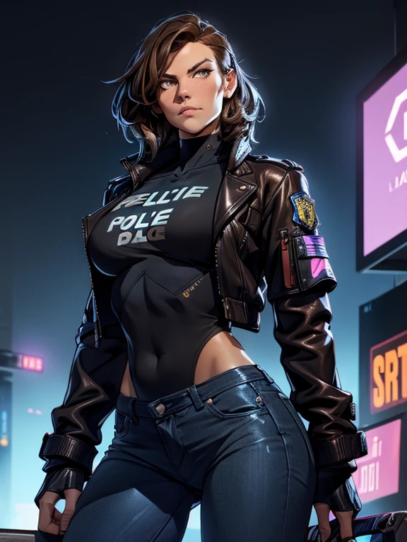 Portrait of natlp as a beautiful female model, georgia fowler, beautiful face, with short dark brown hair, in cyberpunk city at night. She is wearing a leather jacket, black jeans, sagging breasts, wide hips,, dramatic lighting, (police badge:1.2)