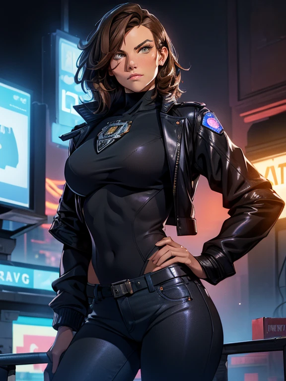 Portrait of natlp as a beautiful female model, georgia fowler, beautiful face, with short dark brown hair, in cyberpunk city at night. She is wearing a leather jacket, black jeans, sagging breasts, wide hips, dramatic lighting, (police badge:1.2)