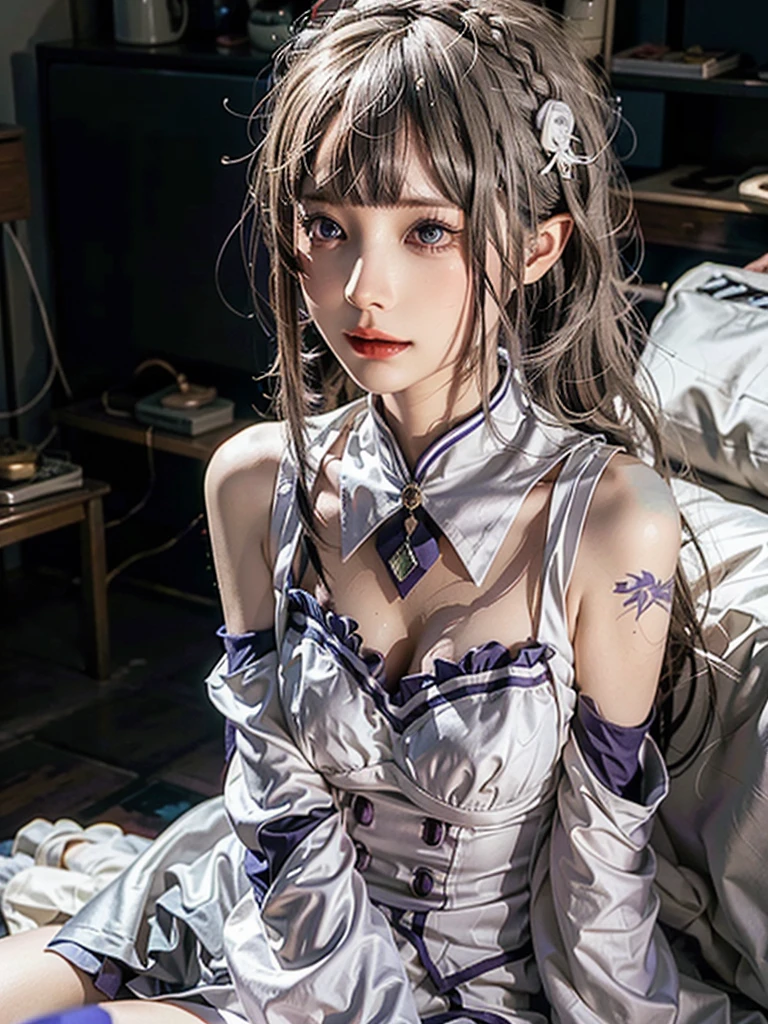 ulzzang-6500-v1.1,(raw photo:1.2),((photorealistic:1.4))best quality ,masterpiece, illustration, an extremely delicate and beautiful, extremely detailed ,CG ,unity ,8k wallpaper, finely detail, best quality,extremely detailed CG unity 8k wallpaper,absurdres, incredibly absurdres, big breats,sexy body,huge filesize, ultra-detailed, highres, extremely detailed,beautiful detailed girl, extremely detailed eyes and face, beautiful detailed eyes,light on face,cinematic lighting,1girl,(full body),(full-body shot),looking at viewer,outdoors, silver_hair, pointy_ears, purple_eyes, hair_ornament, hair_ribbon, lips