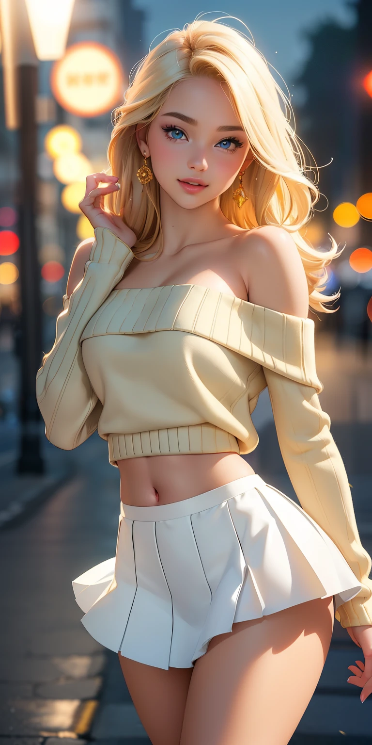 (best quality, ultra-detailed, photorealistic: 1.39), Face of naughty 1 teenager, bright and vibrant colors, studio lighting, romantic expression, beautiful detailed off-shoulder sweater:1.2  , sensual white mini skirt, elegant makeup, long blonder hair flowing in the wind, attractive eyes, lips bright, sexy pose, beautiful roses, smiling confidently and seductively, posing for a professional photo shoot, shallow depth of field, soft natural lighting, creating a dreamy and magical atmosphere. on the street, night