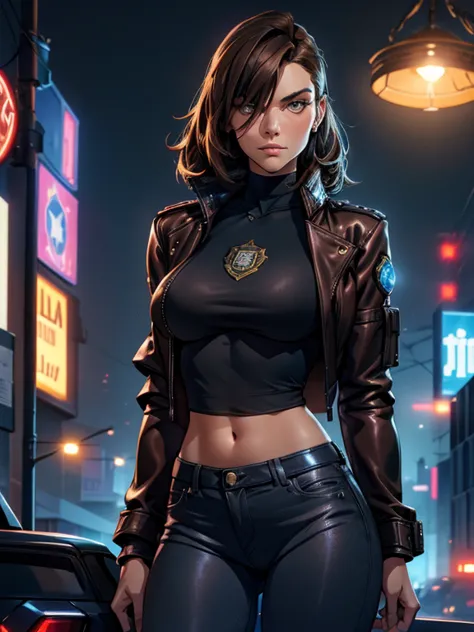 portrait of natlp as a beautiful female model, georgia fowler, beautiful face, with short dark brown hair, in cyberpunk city at ...