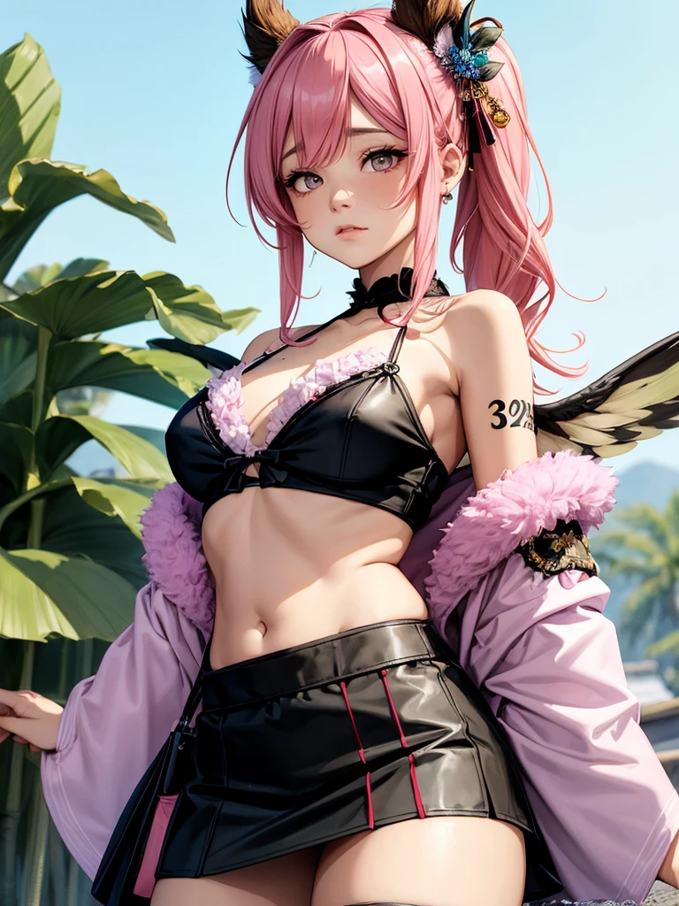 Japanesse beautifull girl, pink & brown hairadd high definition_detail:1, blue fur,kitsune ears, tribal tattoo add_detail:1, in hell add_detail, barefoot, the same, giant black feather wings add_detail:1 ,alas hermosas la mejor calidad y detail en las flumas, blue saturation light, ( kimono style navel top, kimono style navel mini skirt))