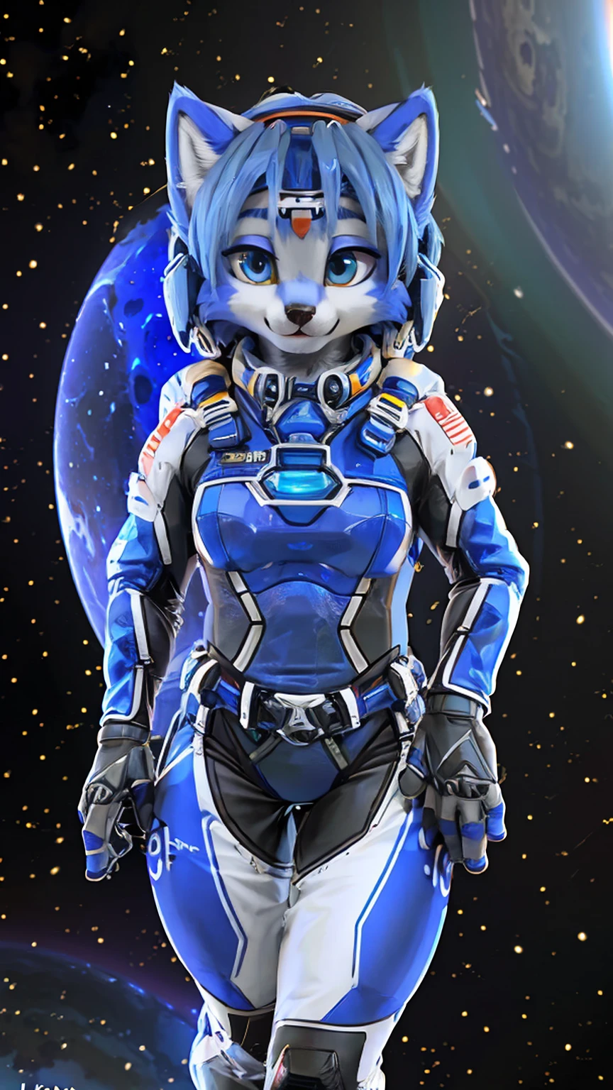 a picture of ((krystal)), Star Fox krystal, sslim, lovable, green eyes, medium breasts, (((Long blue hair 1.3))), Decollete, anthro, furry, Uploaded E621, detailed fluffys fell, (von Fluff-Kevlar, Bayard Wu, Pino Daeni), detailed face, (fluffy), 1 girl, alone, sweet girl, (((hole body))), (((trägt einen gepanzertzen lila spacesuit:1.3))), (((floating in space))), galaxy, spacesuit,