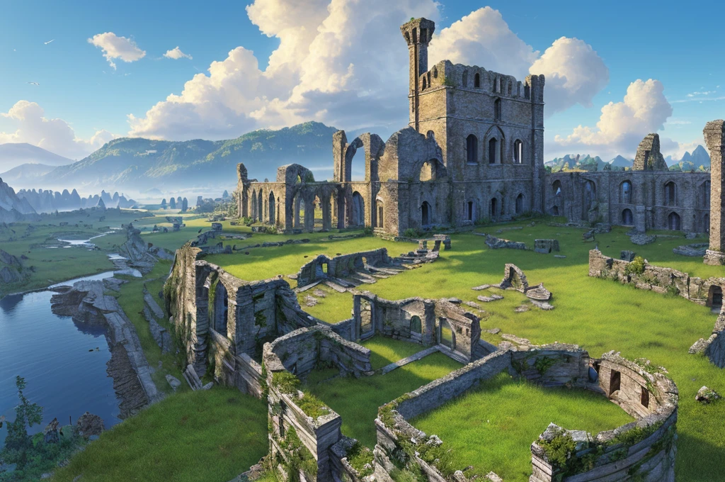 a magnificent detailed landscape, wide panoramic view, sharp and crisp background, very beautiful fantasy landscape, old ruins buildings, birdview, (best quality,4k,8k,highres,masterpiece:1.2),ultra-detailed,(realistic,photorealistic,photo-realistic:1.37),dark blue cloudy lighting, cinematic,professional photo