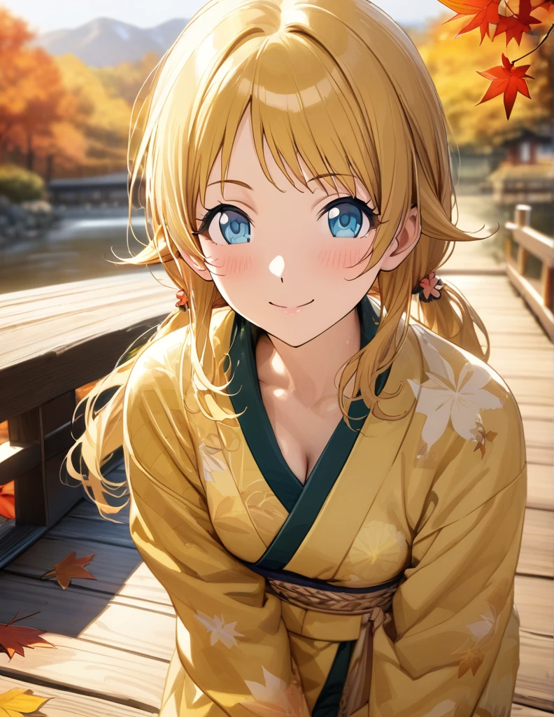 (masterpiece),(Highest quality),(Very detailed),(Best illustrations),(Best Shadow),(Absurd),(Detailed Background),(so beautiful), 
official style,
Hachimiya Meguru, 
the idolmaster shiny colors,
blonde,
Low Twintails,
Blue Eyes, 
Beautiful eyes in every detail,
chest,
A kind smile,
blush,
(Yellow Kimono 1.5),
alone,
Japan,
autumn,
Outdoor,
autumn leaves,
Wooden bridge,
Hot Spring Town,
Background Blur, 
Close-up shot,
focus on face,
realistic skin, (nsfw:1.4)