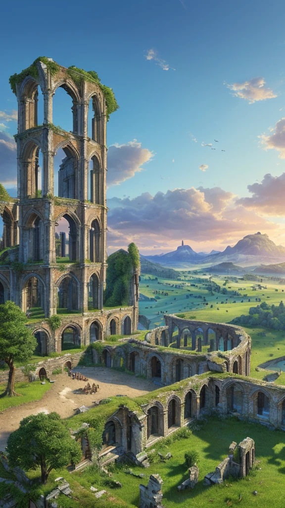 a magnificent detailed landscape, wide panoramic view, sharp and crisp background, very beautiful fantasy landscape, old ruins buildings, birdview, (best quality,4k,8k,highres,masterpiece:1.2),ultra-detailed,(realistic,photorealistic,photo-realistic:1.37),dark blue cloudy lighting, cinematic,professional photo