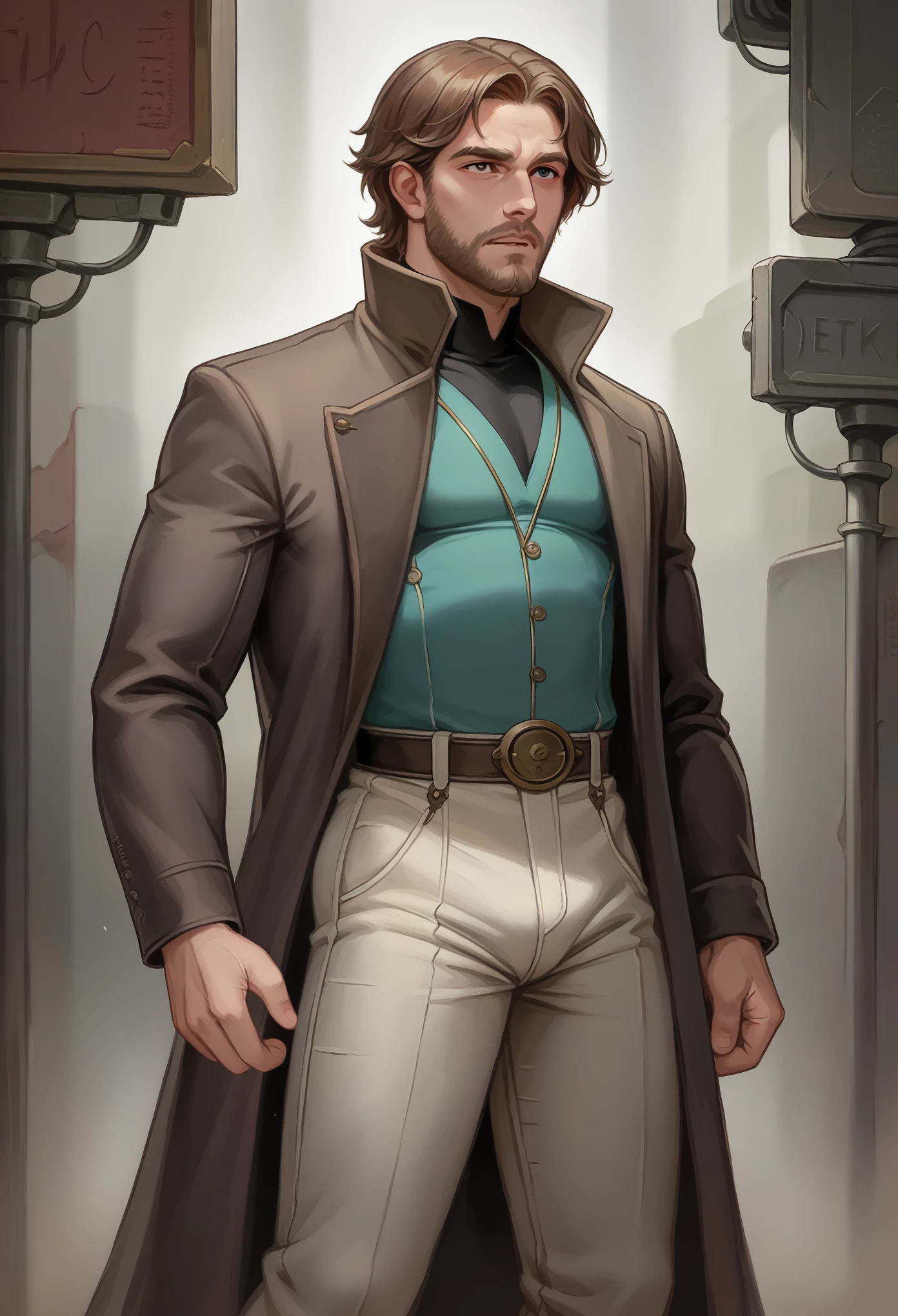 "Create an image of a male character standing and looking directly at the camera. He is tall and slender, with a well-groomed brown beard and medium-length brown hair. His outfit is distinct from typical detective attire, featuring a fitted, long coat with high shoulders, a sleek, dark tunic underneath, and tight leather pants tucked into tall boots. The coat has metallic embellishments and a series of buckles along the chest, giving it a more angular and modern look. His gloves are fingerless, revealing long, thin fingers. His expression is sharp and calculating, exuding a quiet intensity. The background should be a shadowy alley with a mix of gothic and futuristic architecture, emphasizing his lean frame."