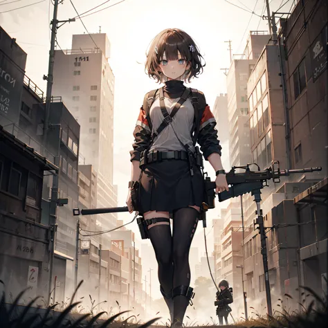 standing alone, 1 girl, using a m16a2, eyes browns, short curly hair, end of world, monsters, high qualiy, 4 k image