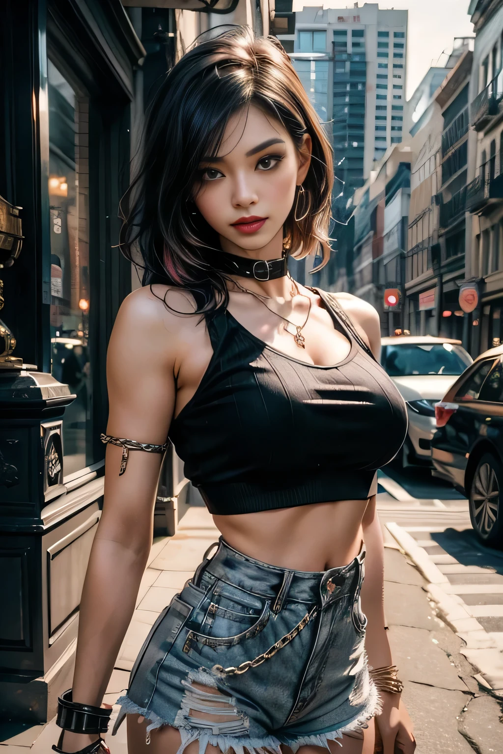 sfw, Hyper realistic super detailed sexy young gothic girl , expressions faciales sexy, seductive facial expressions, dynamic pose [:(Face detail: 1.4): 0.4], 16K resolution, 4k resolution, (Ventre plat parfait), (image couleur), edgpshorts, a woman in a black top and shorts with chains on her waist , wearing edgpshorts, wearing bra,((skinny waist)), young asian girl, ((big breasted)),