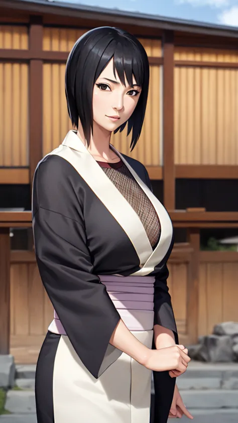 masterpiece, best quality, shizune, black kimono, upper body, looking at viewer, slight smile, large breasts, japanese architect...