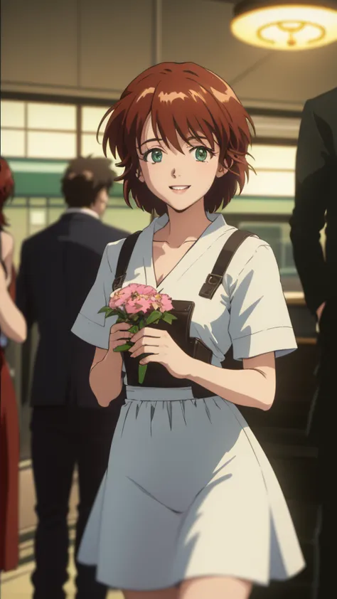 1girl, mana kirishima, anime 90s style, short hair, green eyes, white dress, flowers, smiling, at train station, realistic, phot...