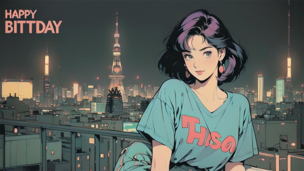 (((Masterpiece, top quality))), most detailed background, (((flat chest))), (((32K wallpaper))), (((retro night city and woman))), (((woman with Tokyo Tower in the distance))), (((Tokyo Tower is one))), most detailed background, (((night city))), (((flat chest))), (((( surrounded by many intricate and sophisticated retro cityscapes, )))) upper body, (((1:1:1 ))), upper body, (((1:1.2 ))), (((overall colorful))), perfect retro atmosphere, (((perfect face))), (((most complete retro city))), thin hair, short sleeve T-shirt, colorful hair color, (((HAPPY BIRTHDAY))),