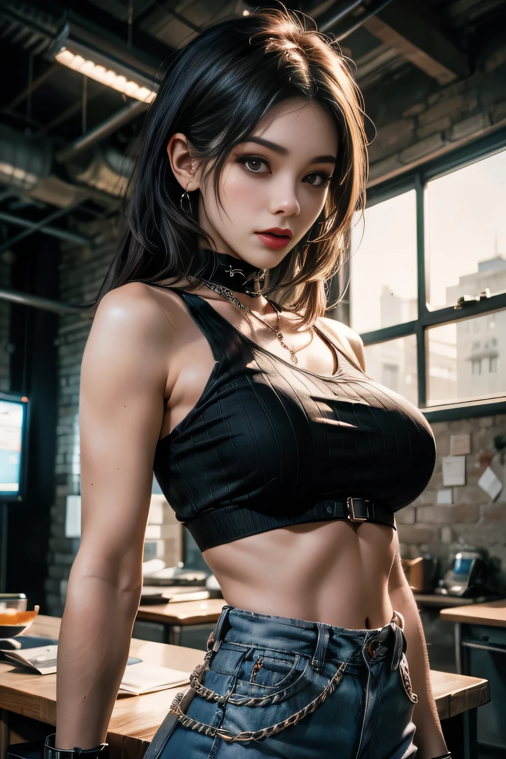 sfw, Hyper realistic super detailed sexy young gothic girl , expressions faciales sexy, seductive facial expressions, dynamic pose [:(Face detail: 1.4): 0.4], 16K resolution, 4k resolution, (Ventre plat parfait), (image couleur), edgpshorts, a woman in a black top and shorts with chains on her waist , wearing edgpshorts, wearing bra,((skinny waist)), young asian girl, ((big breasted)),