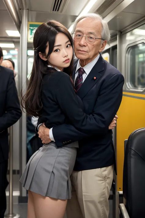 browsing caution, crowded train, japan , handsome man hugging his girlfriend from behind, talk in her ear, lift her up, miniskir...