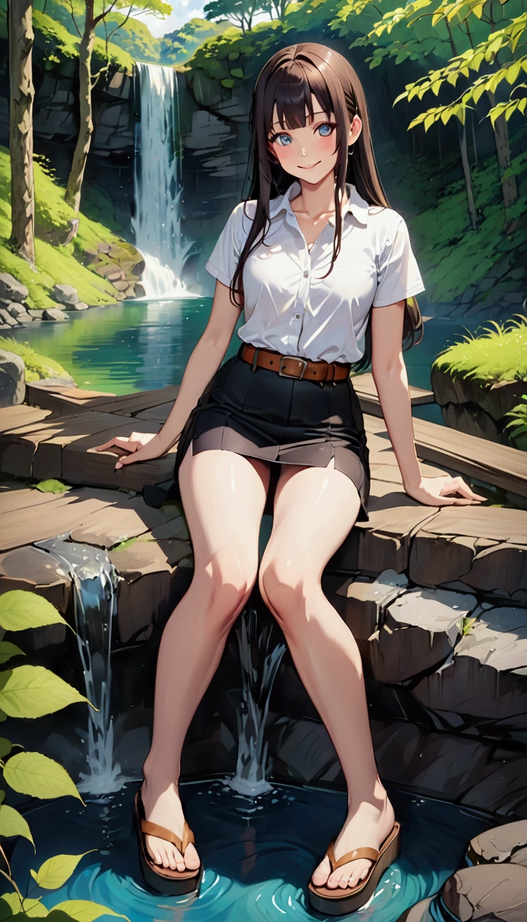 realistic anime illustration of smiling pretty college woman, hoshinoai, at waterfall national park, she has long straight hair (+swept-side bangs), wearing white short sleeve collared unbuttoned top shirt, black pencil skirt with brown belt, (1girl, solo,full body), (masterpiece, best quality, japanese anime style),