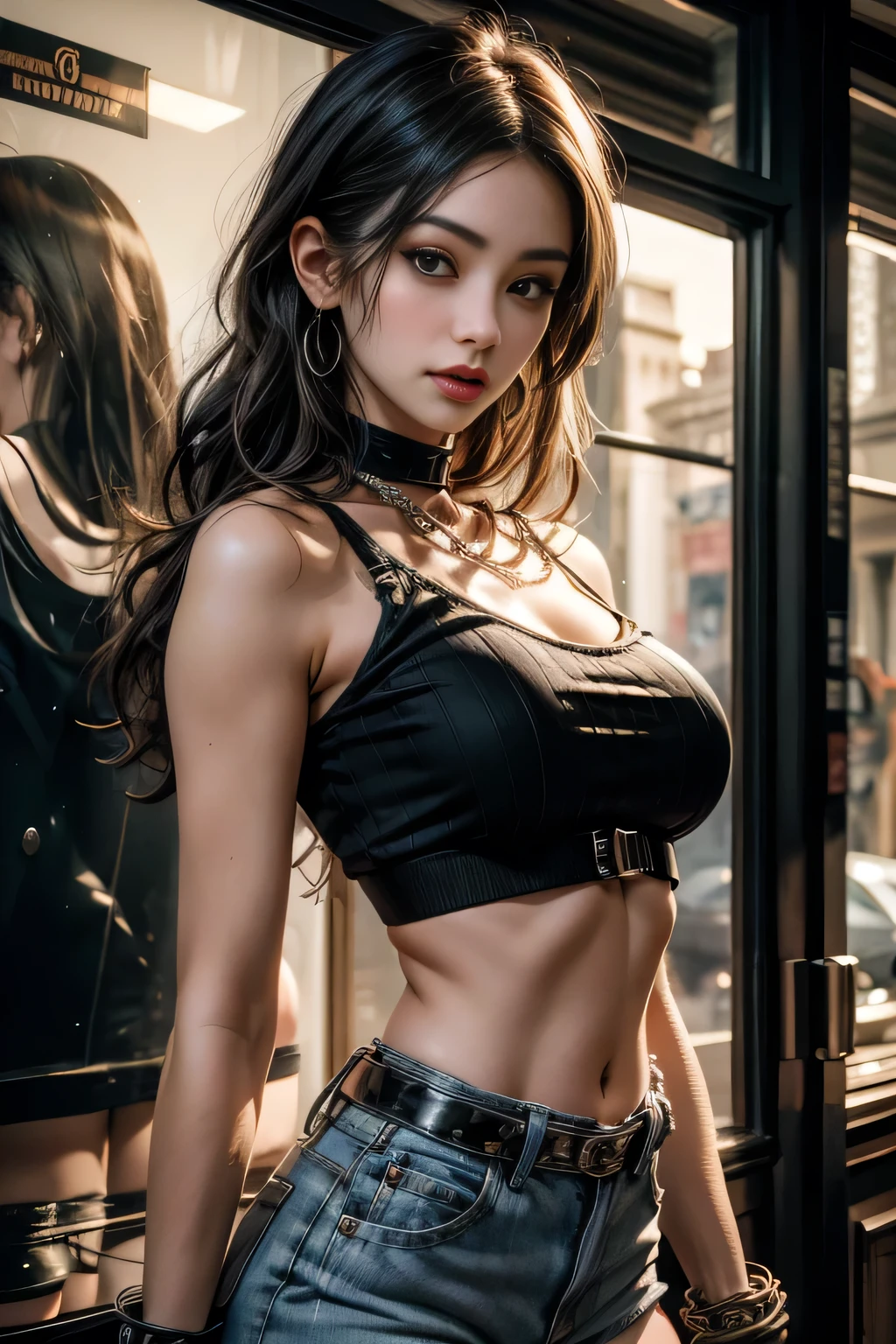 sfw, Hyper realistic super detailed sexy young gothic girl , expressions faciales sexy, seductive facial expressions, dynamic pose [:(Face detail: 1.4): 0.4], 16K resolution, 4k resolution, (Ventre plat parfait), (image couleur), edgpshorts, a woman in a black top and shorts with chains on her waist , wearing edgpshorts, wearing bra,((skinny waist)), young asian girl, ((big breasted)),